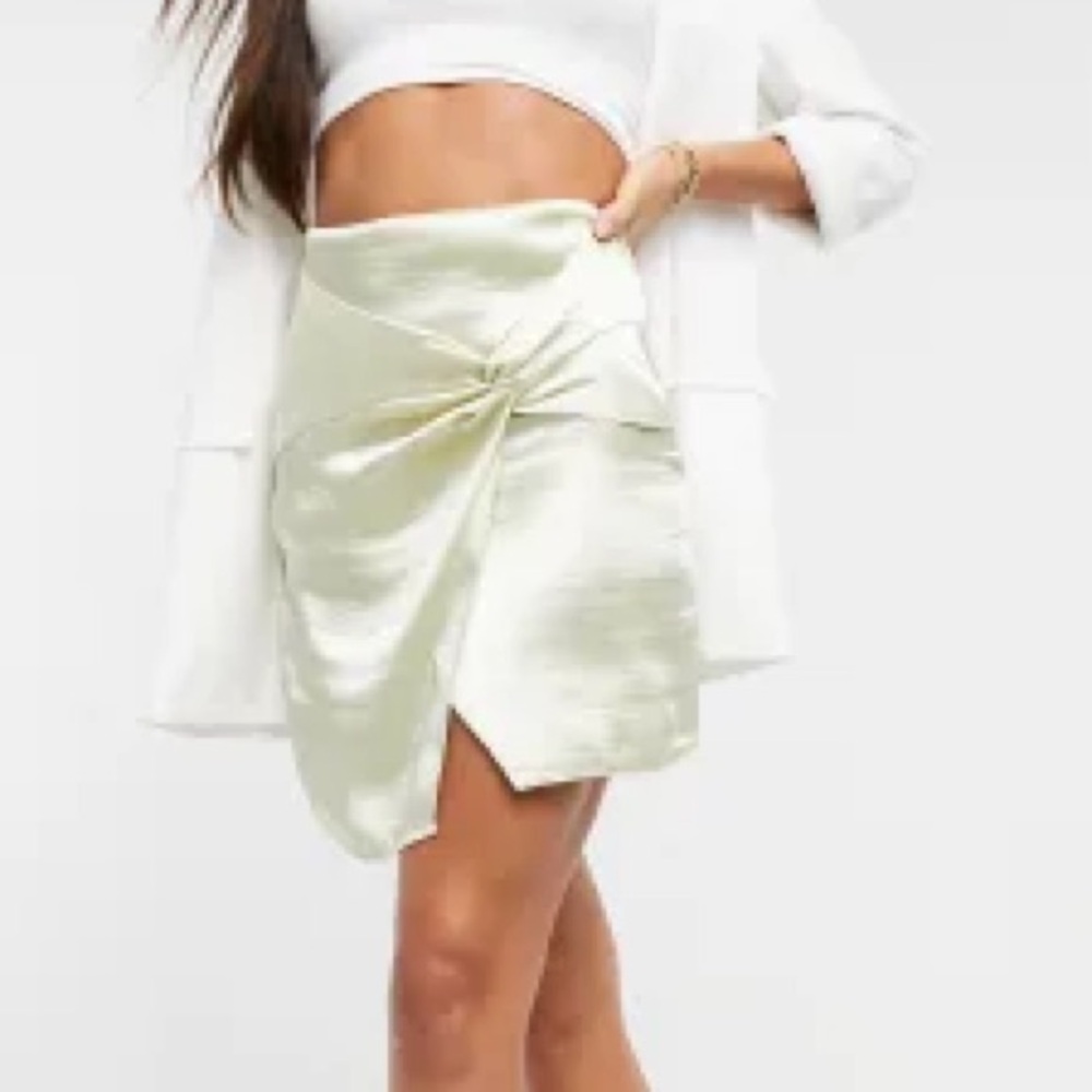 ASOS DESIGN Tall high shine satin mini skirt with twist detail in oyster